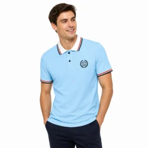 Men Signature Embroidered Contrast Collar Pollar shirt- Sky Blue